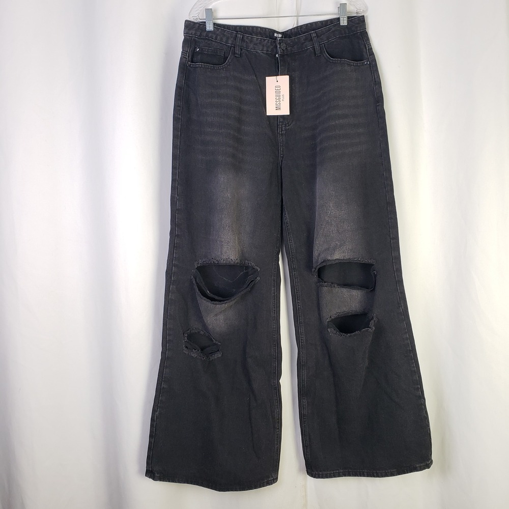 Missguided Plus Extreme Split Baggy Jeans Washed Black Distressed Size US 14